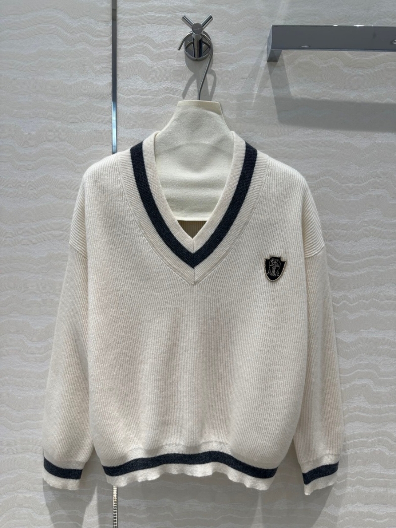 Brunello Cucinelli Tennis-Inspired V-Neck Cashmere Sweater - Classic and Sophisticated