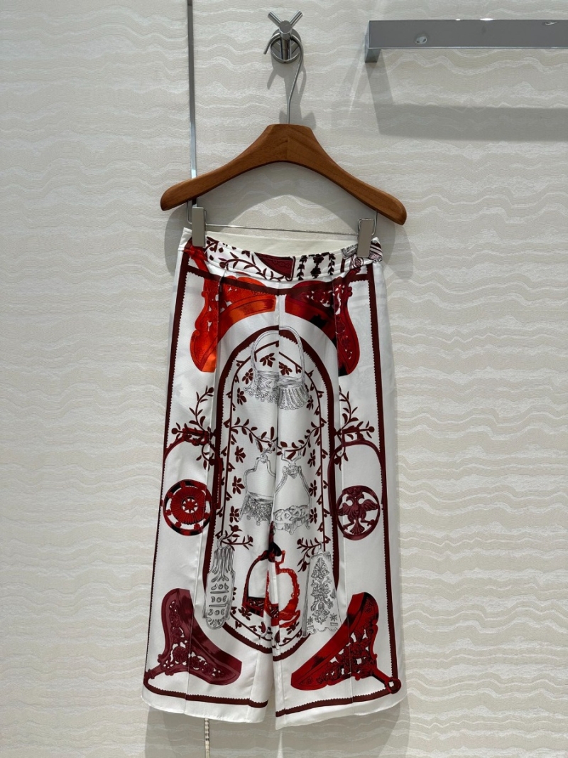 Hermes Floral Stirrup and Chain Print Silk Wide-Leg Trousers