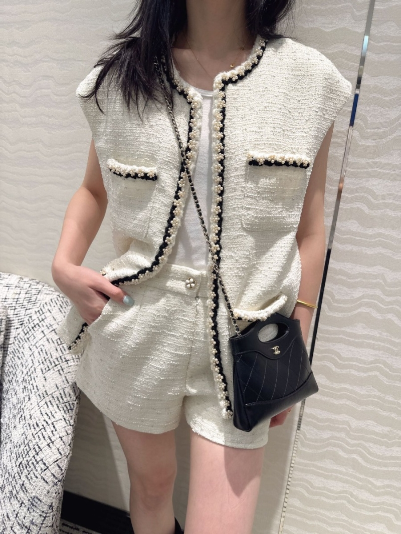 Chanel Limited Edition Coco Girl Pearl Embellished Vest Set. Classic White