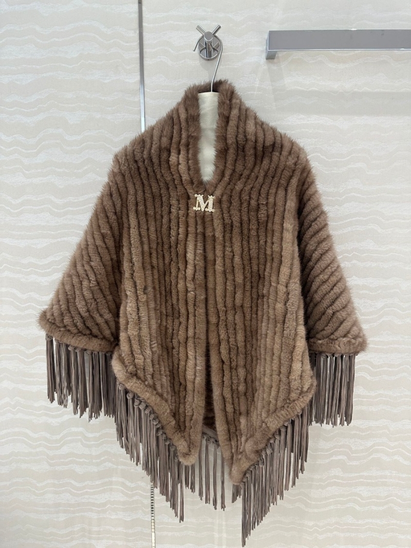Max Mara Limited Edition Mink Fringe Shawl Cape with Brooch