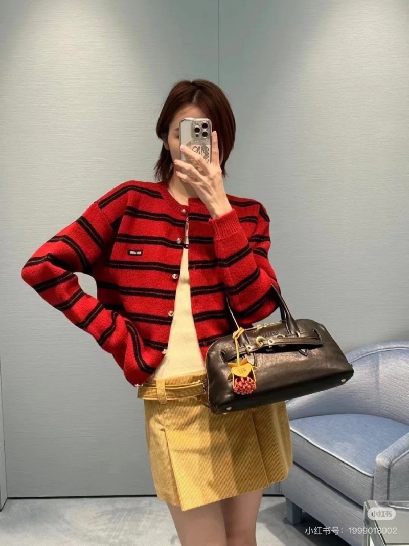 Miu Miu Holiday Wool-Cashmere Striped Cardigan in Red