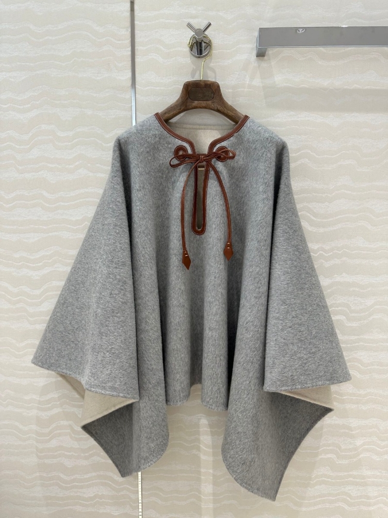 Loro Piana Luxury Leather Trim Wool-Cashmere Cape. Grey