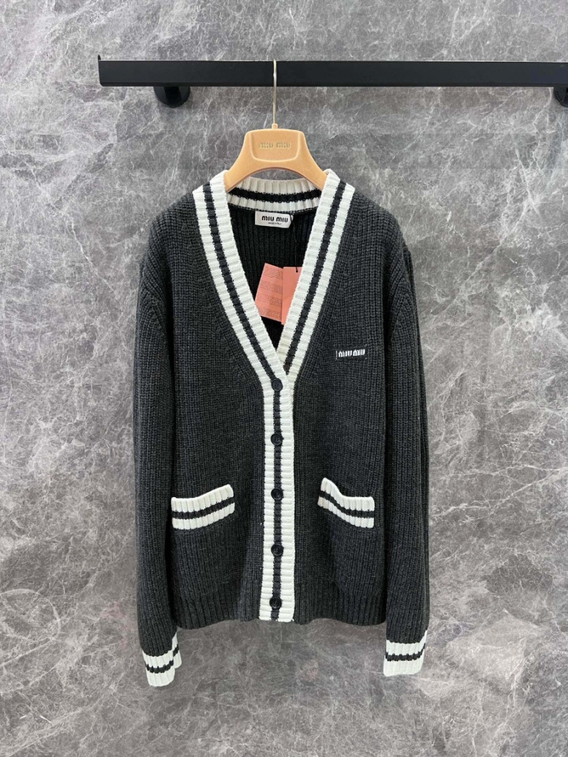 Miu Miu 24FW Collection Grey and White V-Neck Button-Up Wool-Blend Cardigan