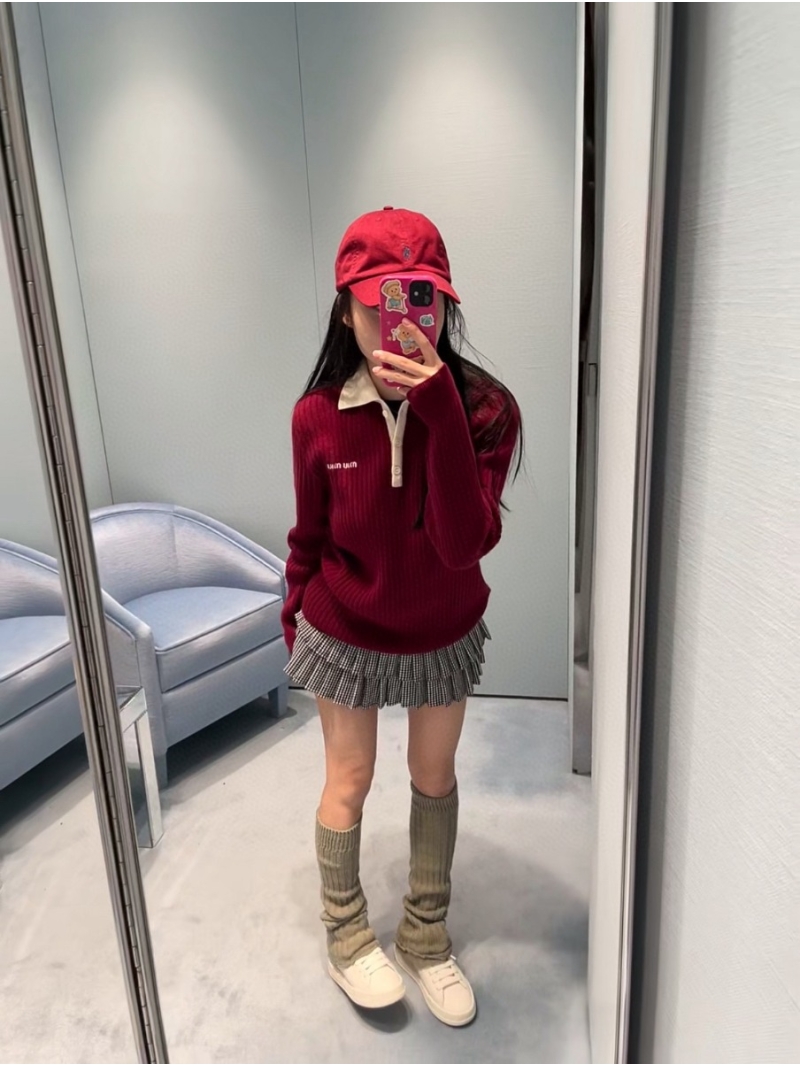 Miu Miu Spring 2025 Cashmere Burgundy Ribbed Polo Knit Collar Sweater