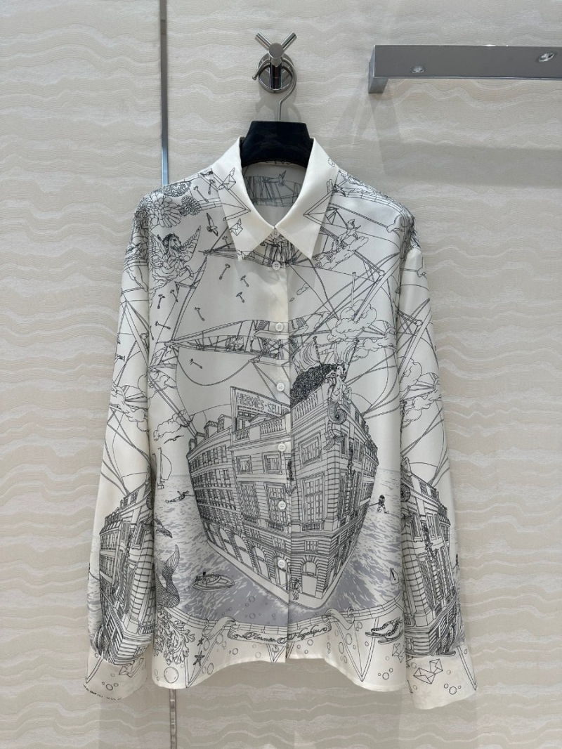 Hermès Cruise Party Silk Scarf-Print Shirt. White with Black Illustration Print.