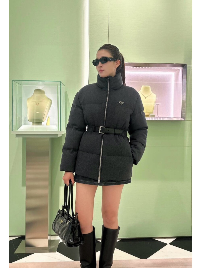 Prada High-Waist Belted Wool Puffer Jacket Elegant Gray