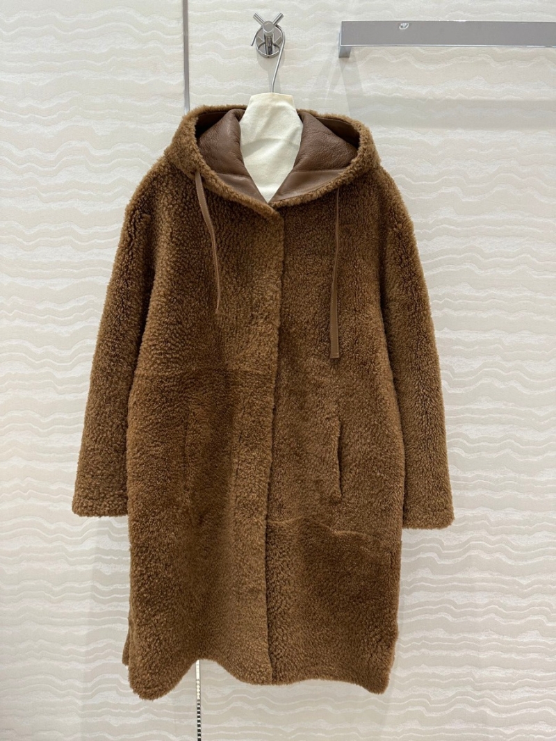 MaxMara Spanish Shearling Hooded Coat. Brown