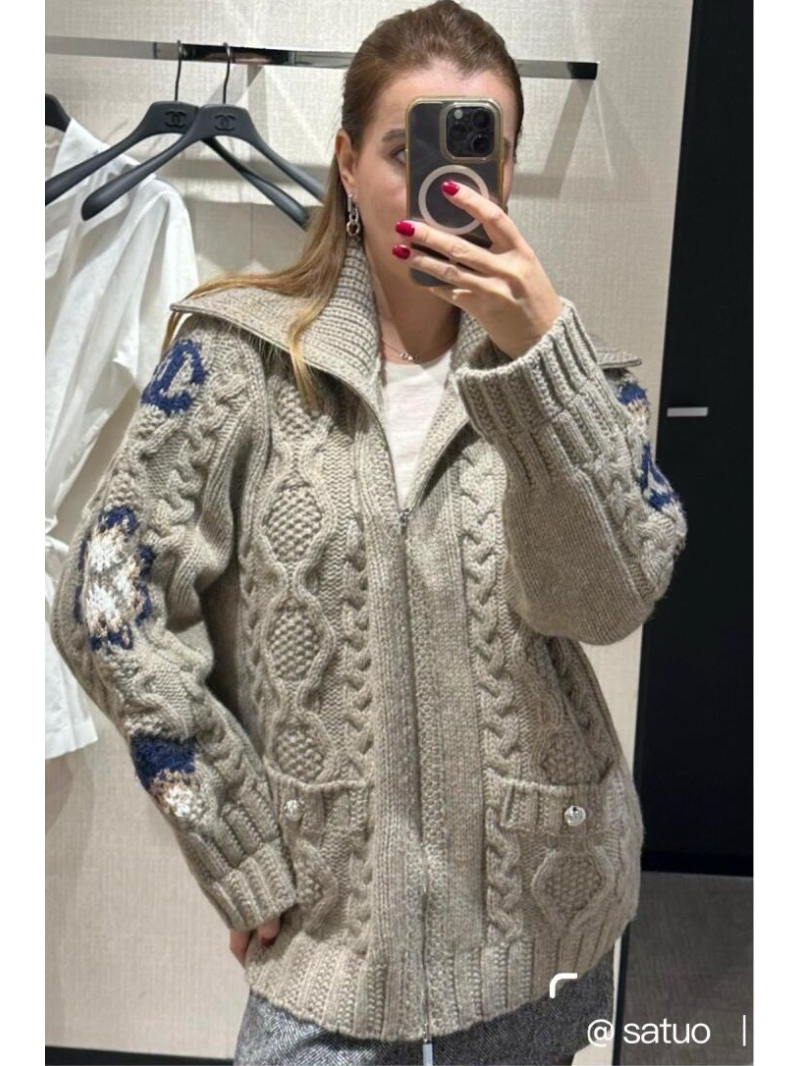 Chanel Coconeige Collection Cable Knit Wool Cardigan in taupe or warm grey