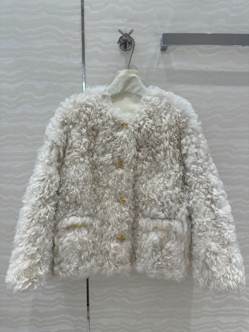 Celine Toscana Shearling Lamb Fur Jacket with Gold Accents – Cream