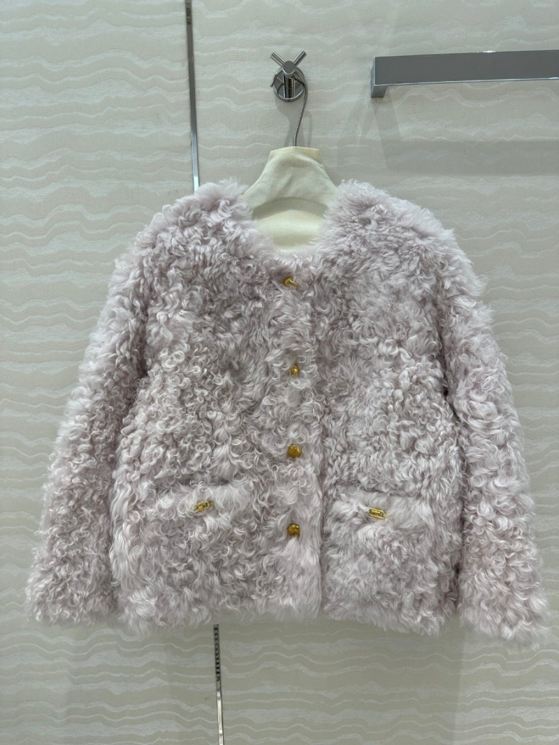 Celine Toscana Shearling Lamb Fur Jacket with Gold Accents – Light Gray