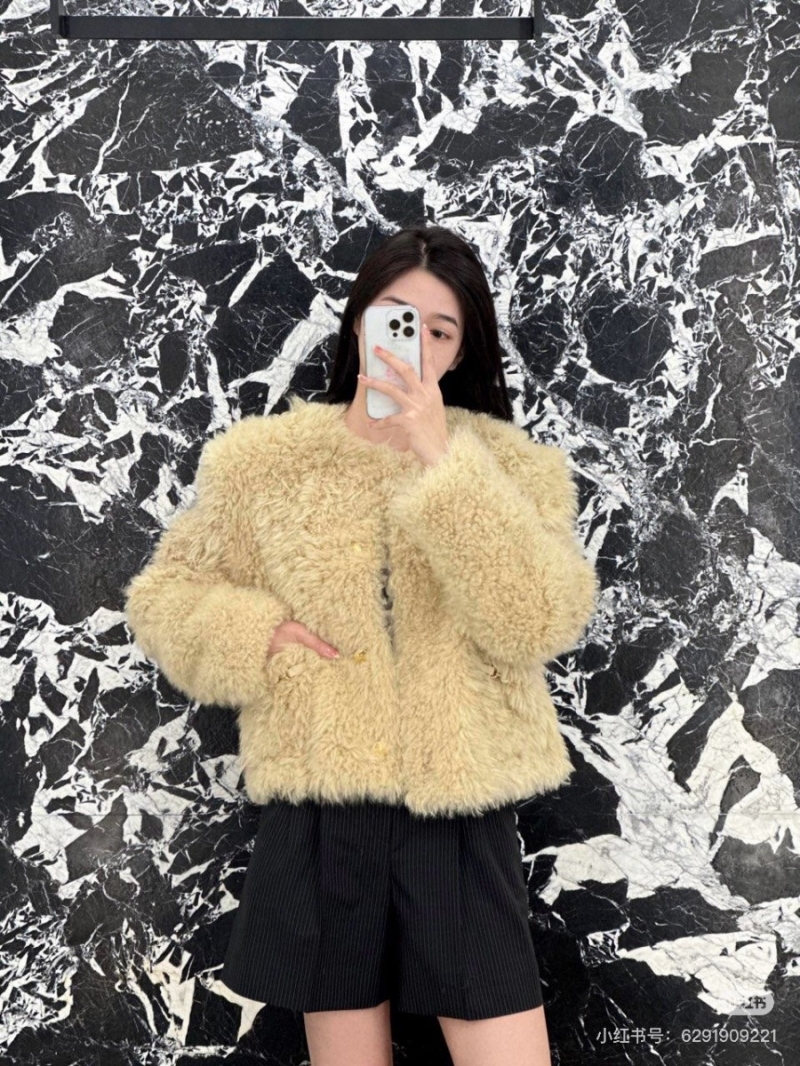 Celine Toscana Shearling Lamb Fur Jacket with Gold Accents – Beige