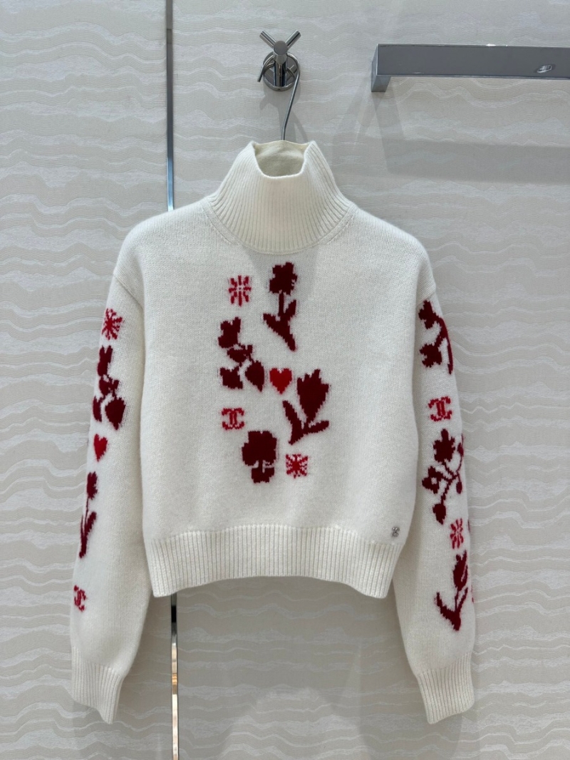 Chanel CC Coconeige Winter Collection Stylish Turtleneck Sweater – Cream with Red Floral Motif