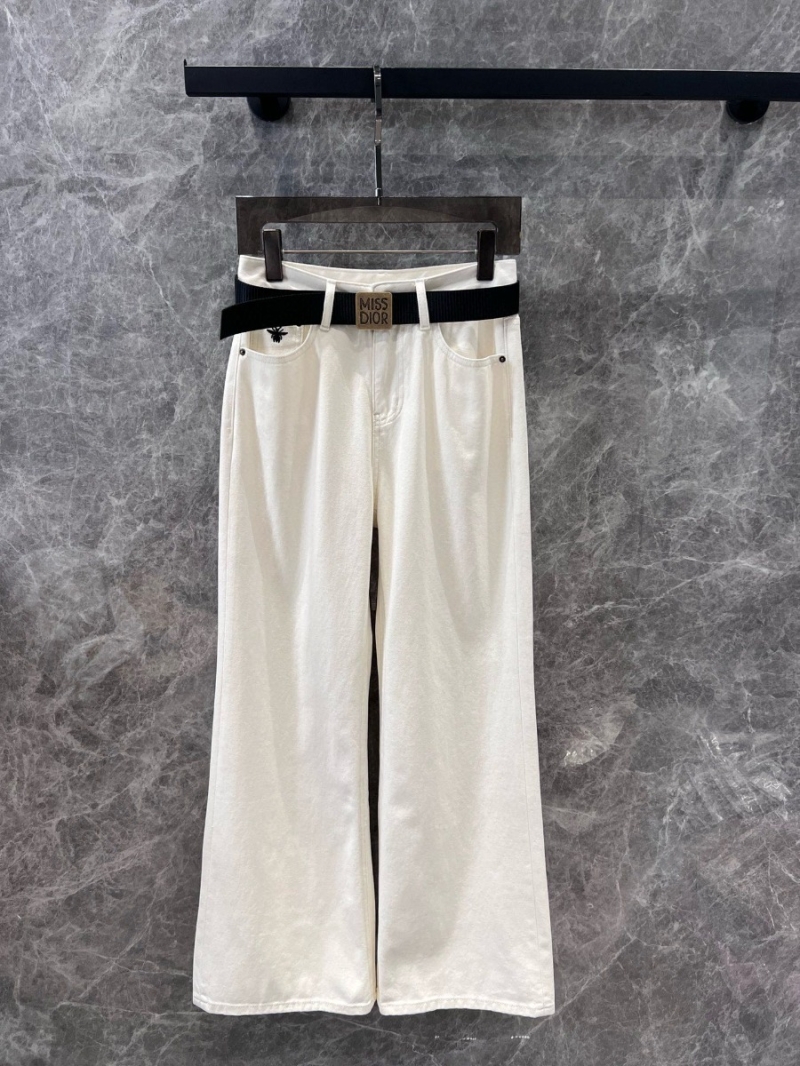 Dior 24 FW Early Autumn Collection Chic Embroidered Belt White Denim Pants - High Waist Straight Leg