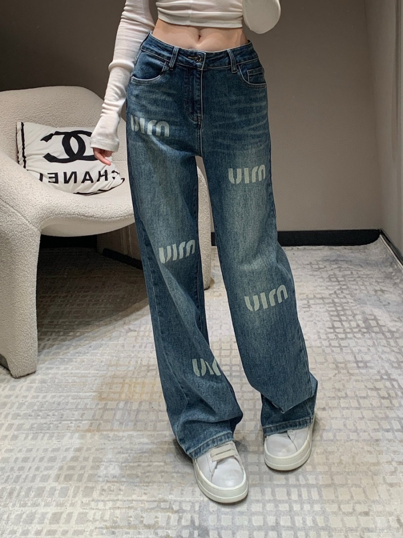 Miu Miu 24FW Autumn/Winter Collection Stylish Embroidered Letter Stretch Denim Straight-Leg Pants