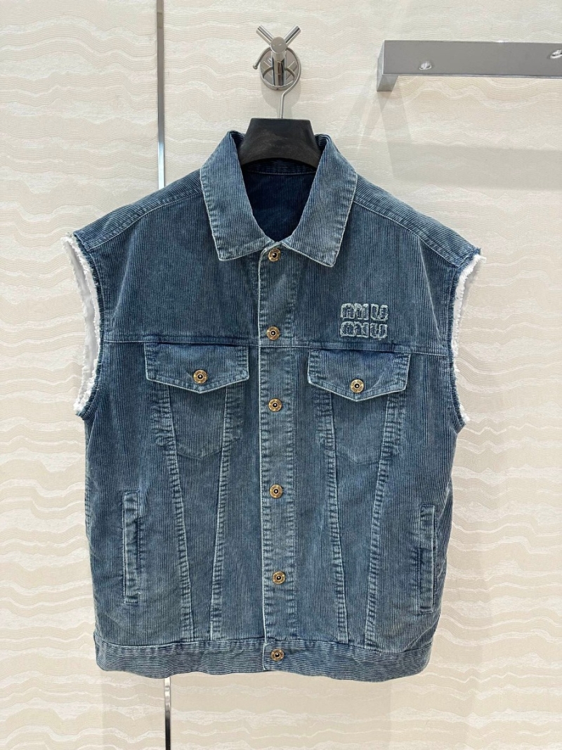 Miu Miu Retro Corduroy Denim Vest Jacket with Embroidered Logo - Vintage Blue