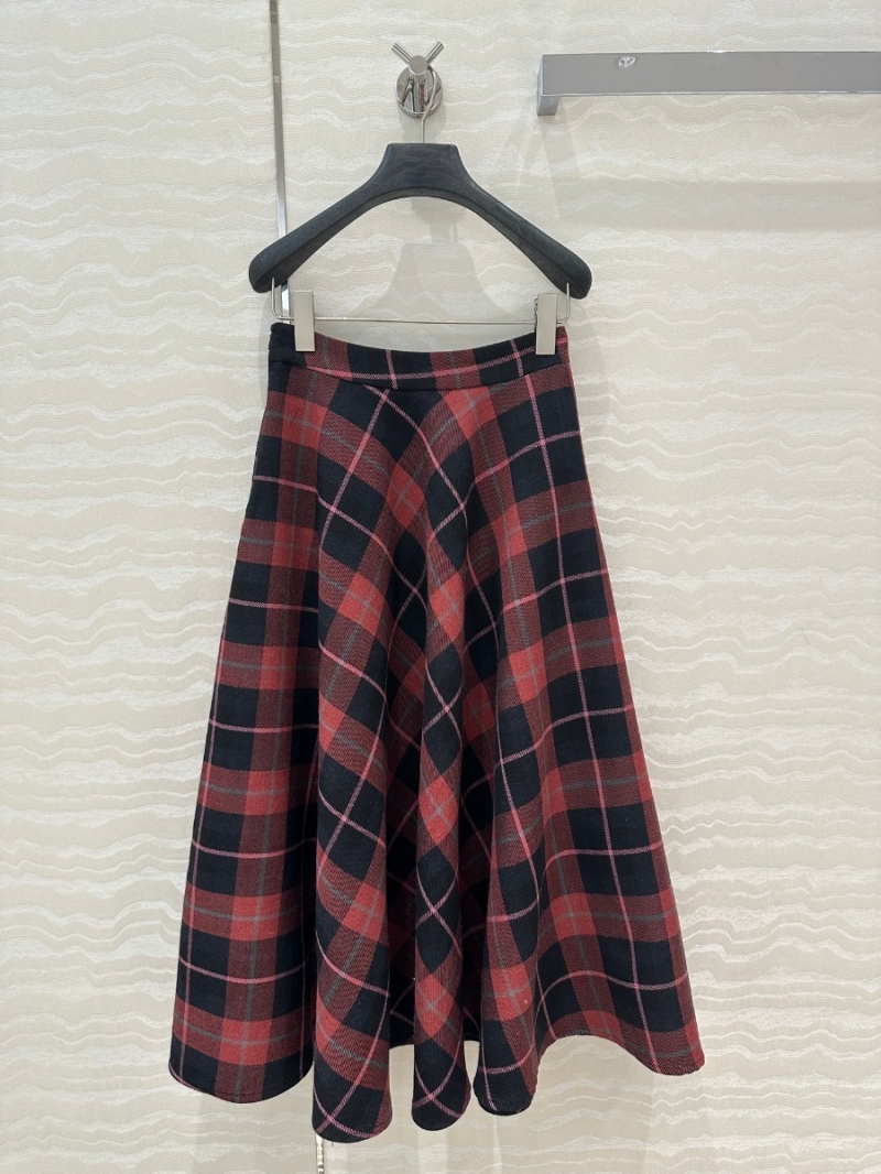 Dior Miss Dior Collection Elegant Wool A-Line Plaid Midi Skirt Red/Black Plaid