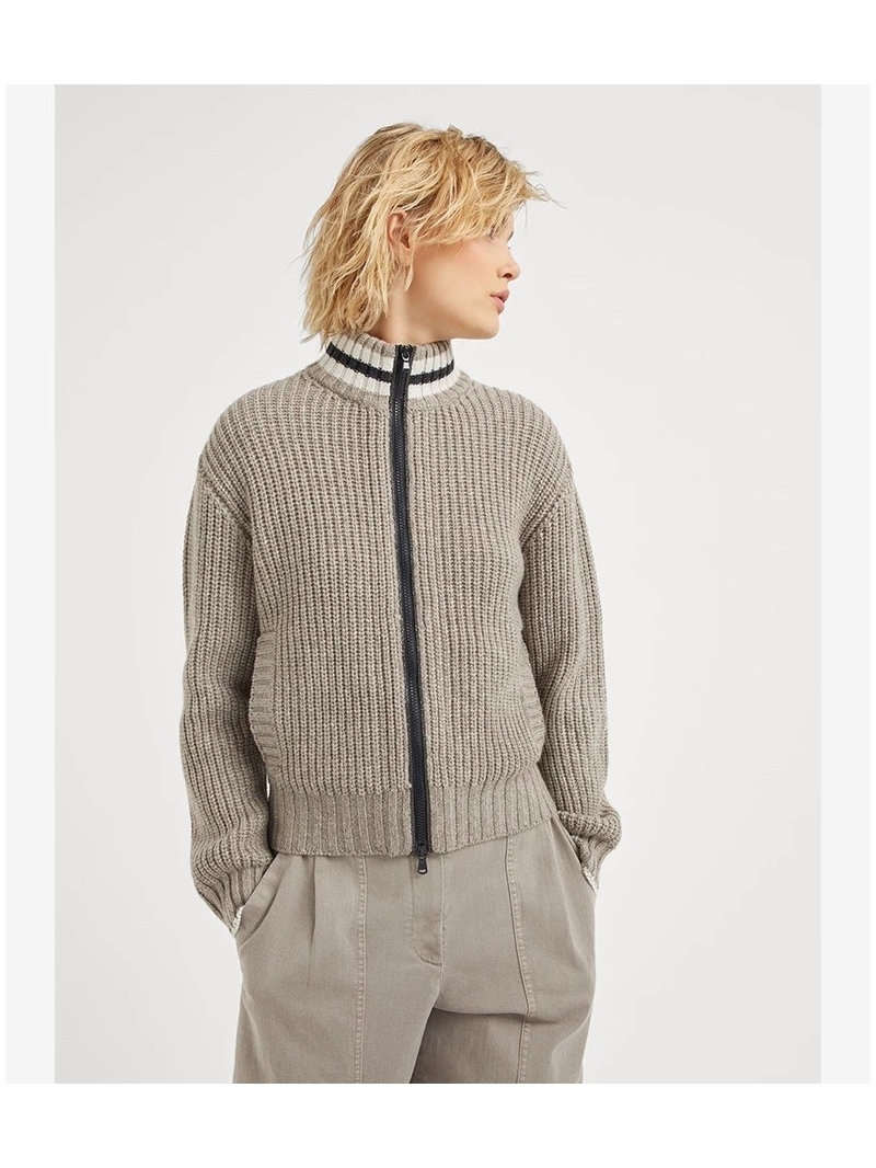 Brunello Cucinelli Capsule Collection Elegant Cashmere High-Neck Jacket Beige