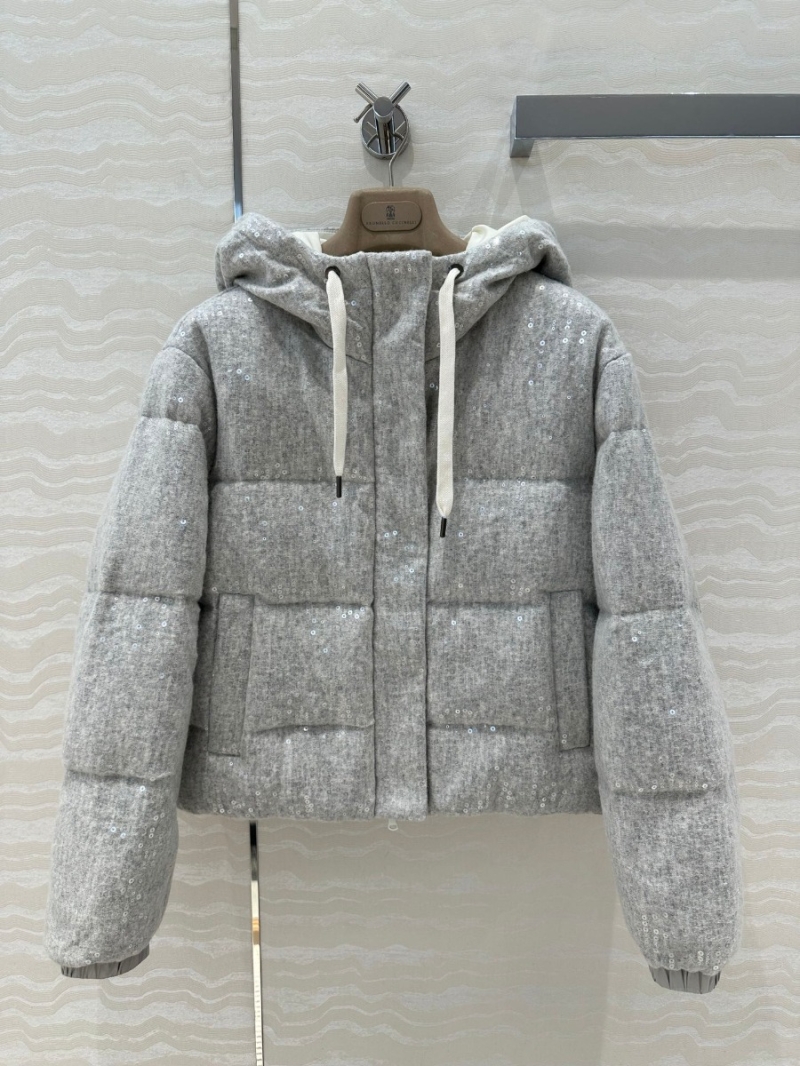 Brunello Cucinelli Luxury Collection Sparkling Embellished Cashmere Down Jacket. Beige