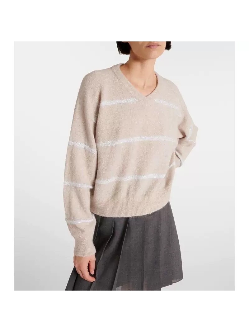 Brunello Cucinelli Fall/Winter 2024 Collection Elegant Alpaca Wool V-Neck Top with Sequins - Soft Beige