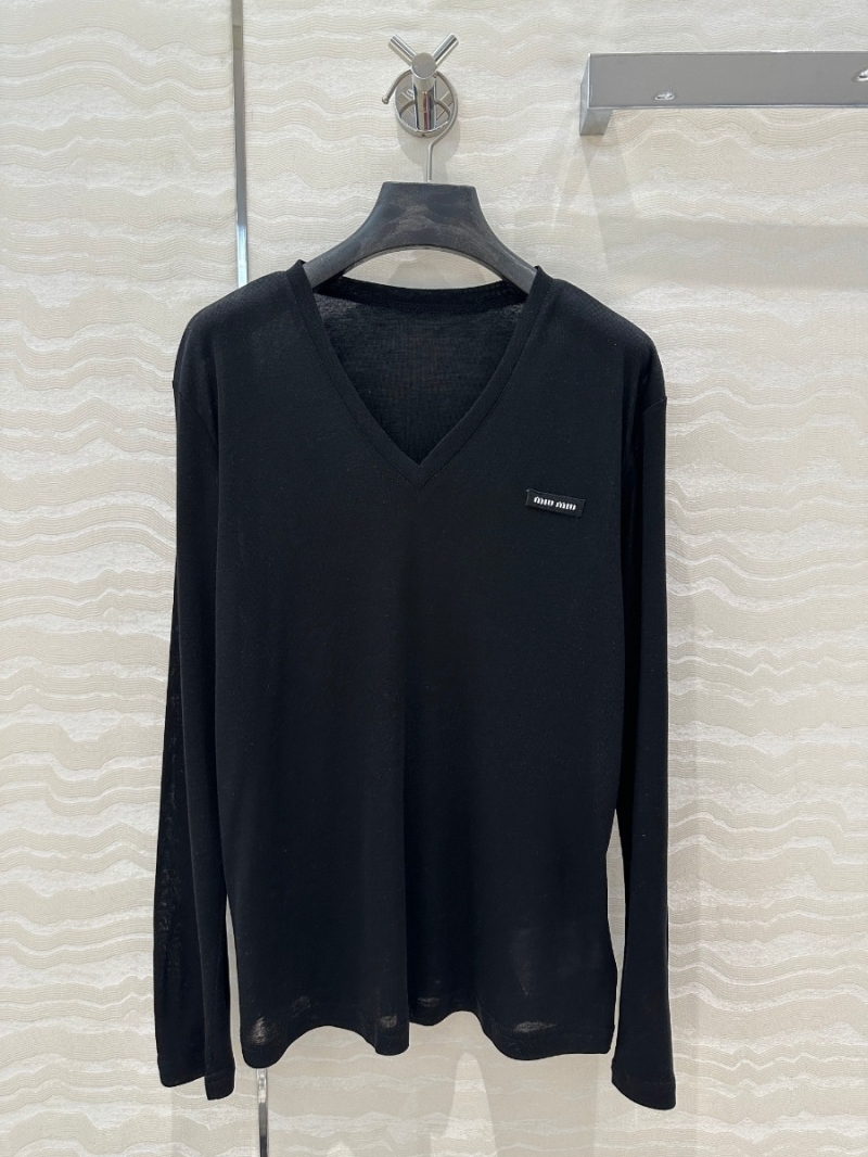 Miu Miu Tencel-Wool Blend V-Neck Base Layer Top - Classic Black