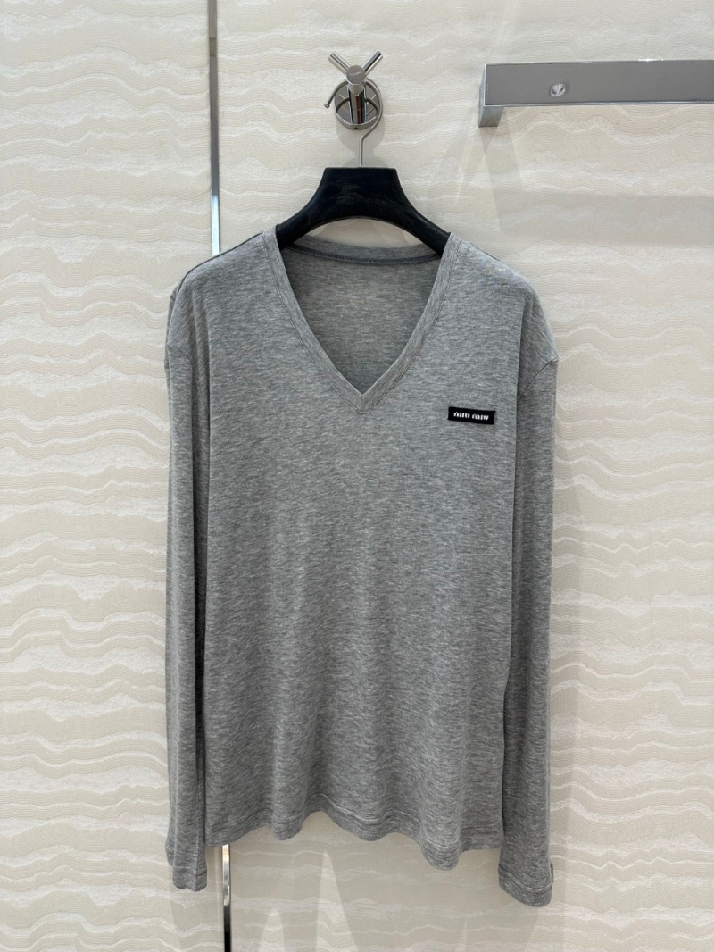 Miu Miu Tencel-Wool Blend V-Neck Base Layer Top - Light Gray