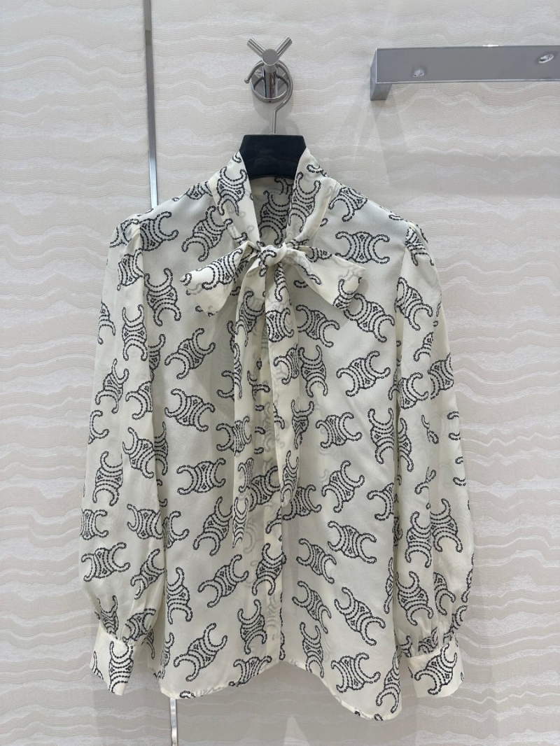 Celine Triomphe Print Silk Scarf-Collar Blouse