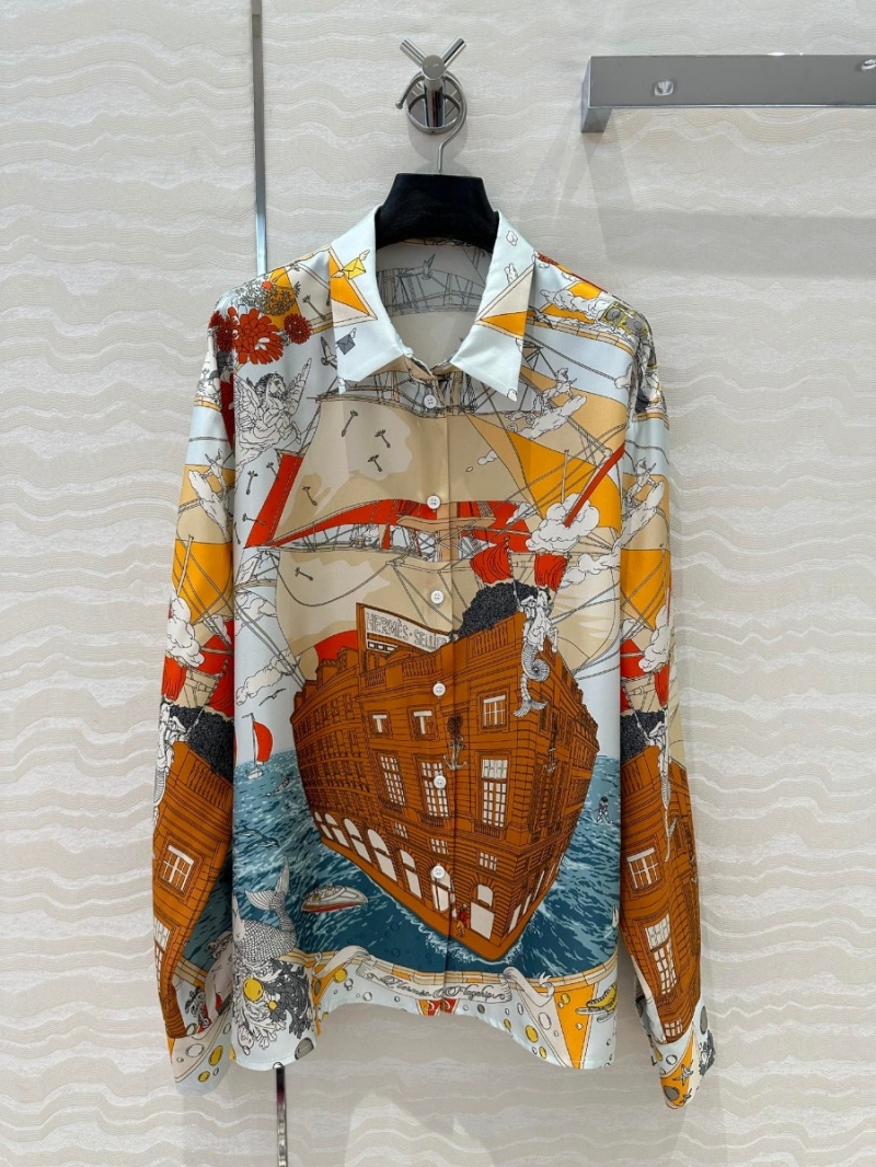 Hermès Cruise Party Silk Scarf-Print Shirt. Yellow with Orange Illustration Print.