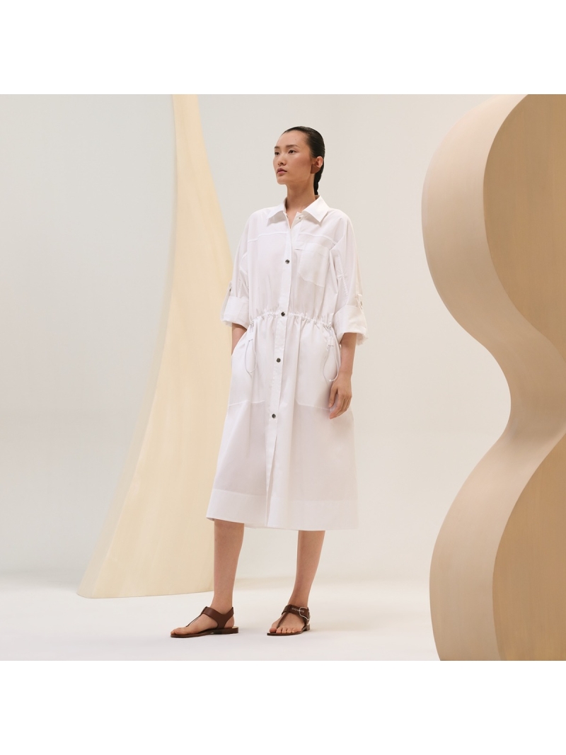 Hermès Spring/Summer Collection Elegant Drawstring Waist Trench Dress – Classic White