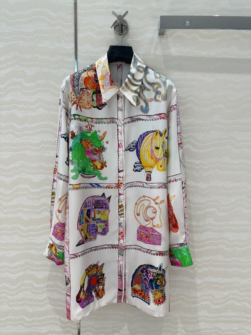 Hermes 25s Early Spring Vibrant Mirrored Horse Print Silk Shirt Dress. Pink & Yellow