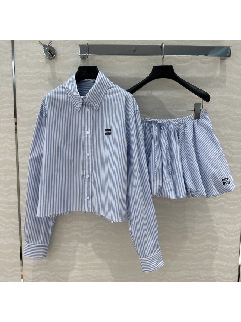 Miu Miu Preppy Chic Striped Shirt and Skirt Set Blue