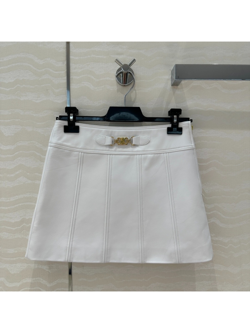 Celine Triomphe Sleek Leather Skirt White