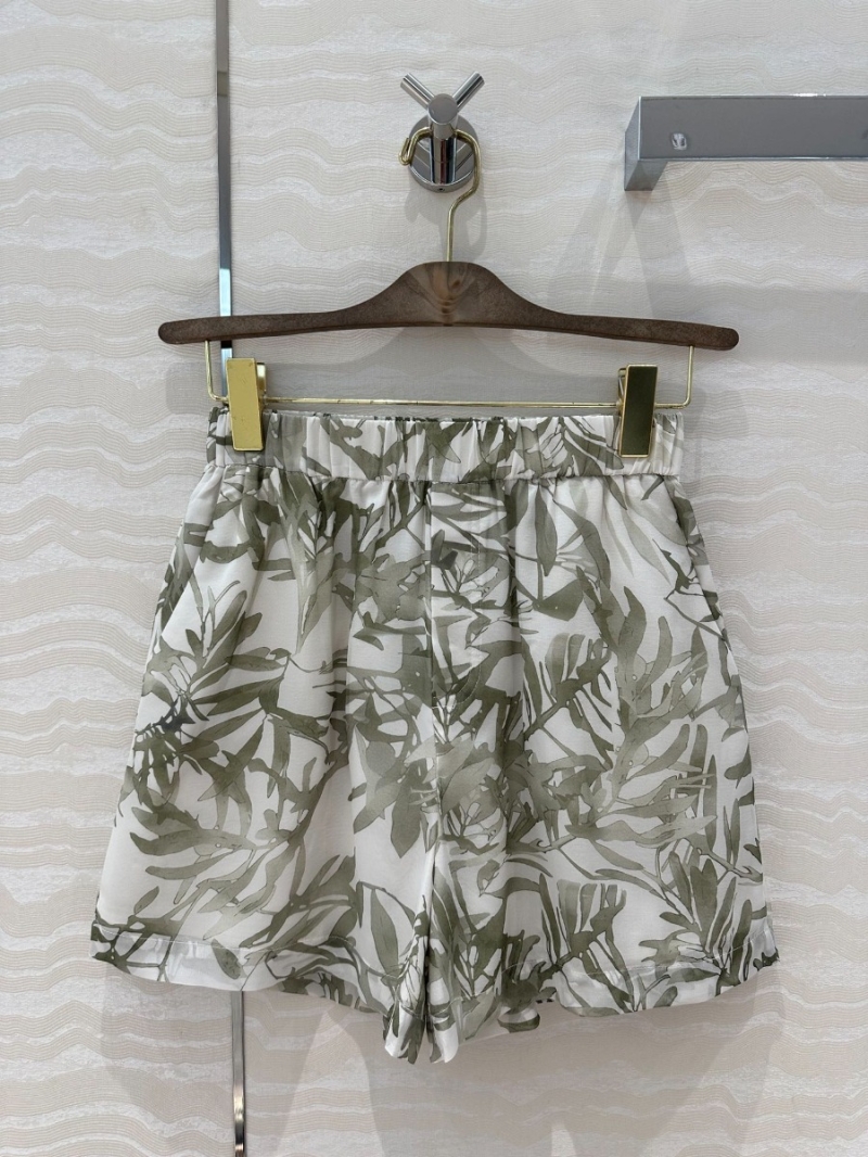 Brunello Cucinelli Resort Style Elegant Leaf Print Shorts White with Green