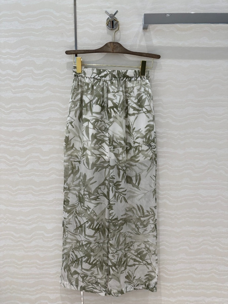 Brunello Cucinelli Resort Style Elegant Leaf Print Wide-Leg Pants White with Green