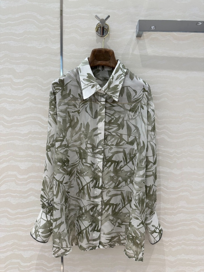 Brunello Cucinelli Resort Style Elegant Leaf Print Shirt White with Green