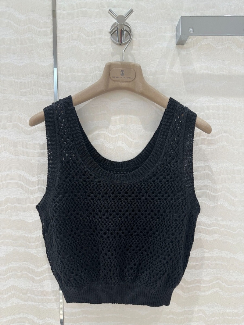 Brunello Cucinelli Luxe Knit Sophisticated Openwork Tank Beige. Black