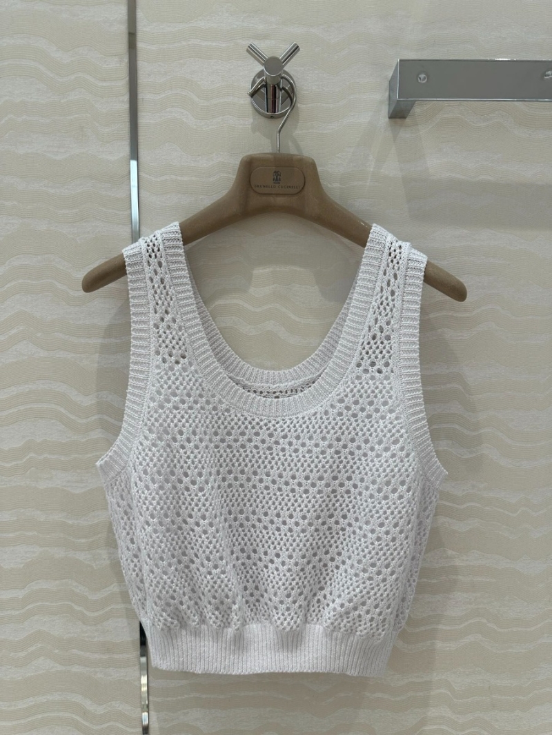 Brunello Cucinelli Luxe Knit Sophisticated Openwork Tank Beige. White
