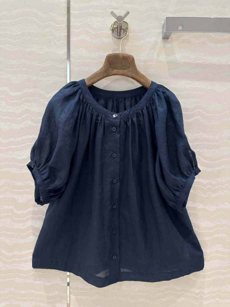 Loro Piana Imported Linen Elegant Bubble-Sleeve Shirt Navy