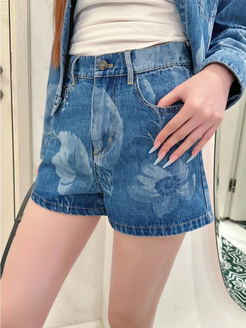 Fendi FF Floral Vine Retro Washed Denim Shorts Blue