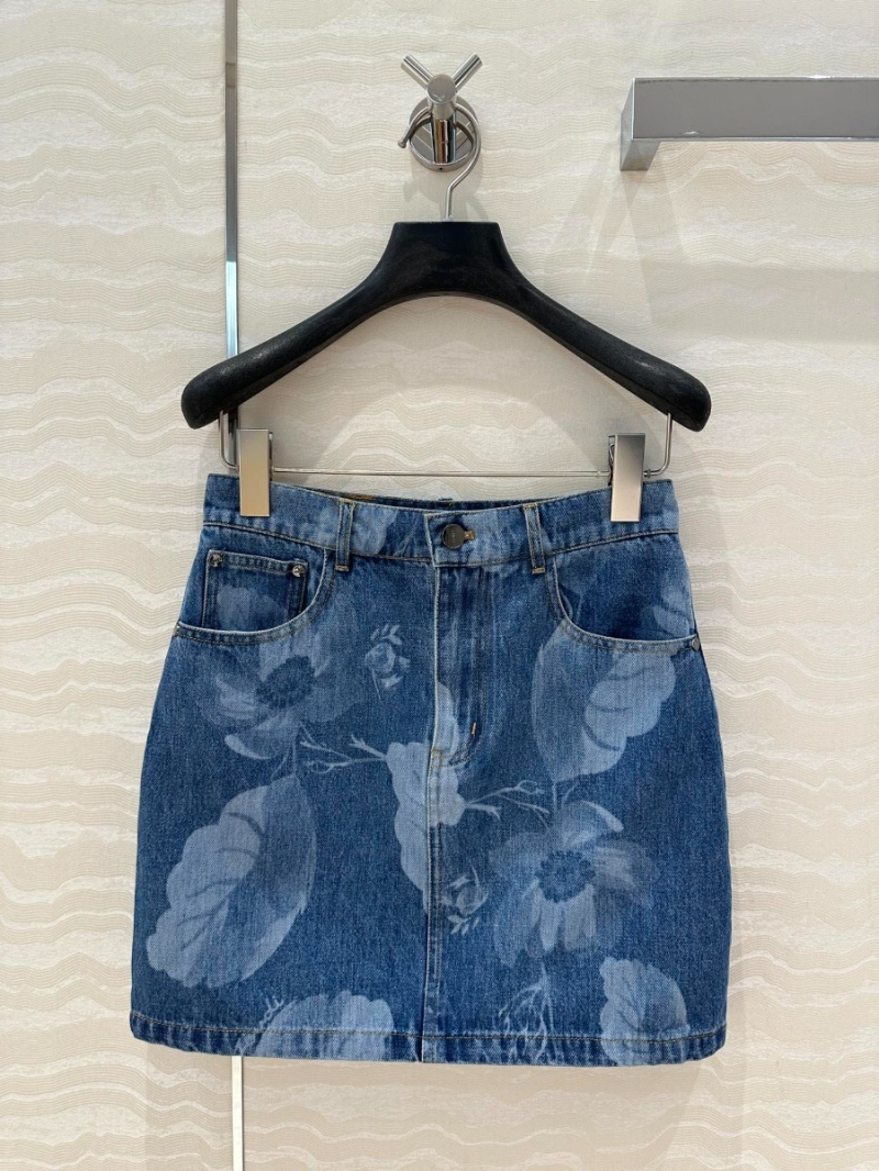 Fendi FF Floral Vine Retro Washed Denim Skirt Blue