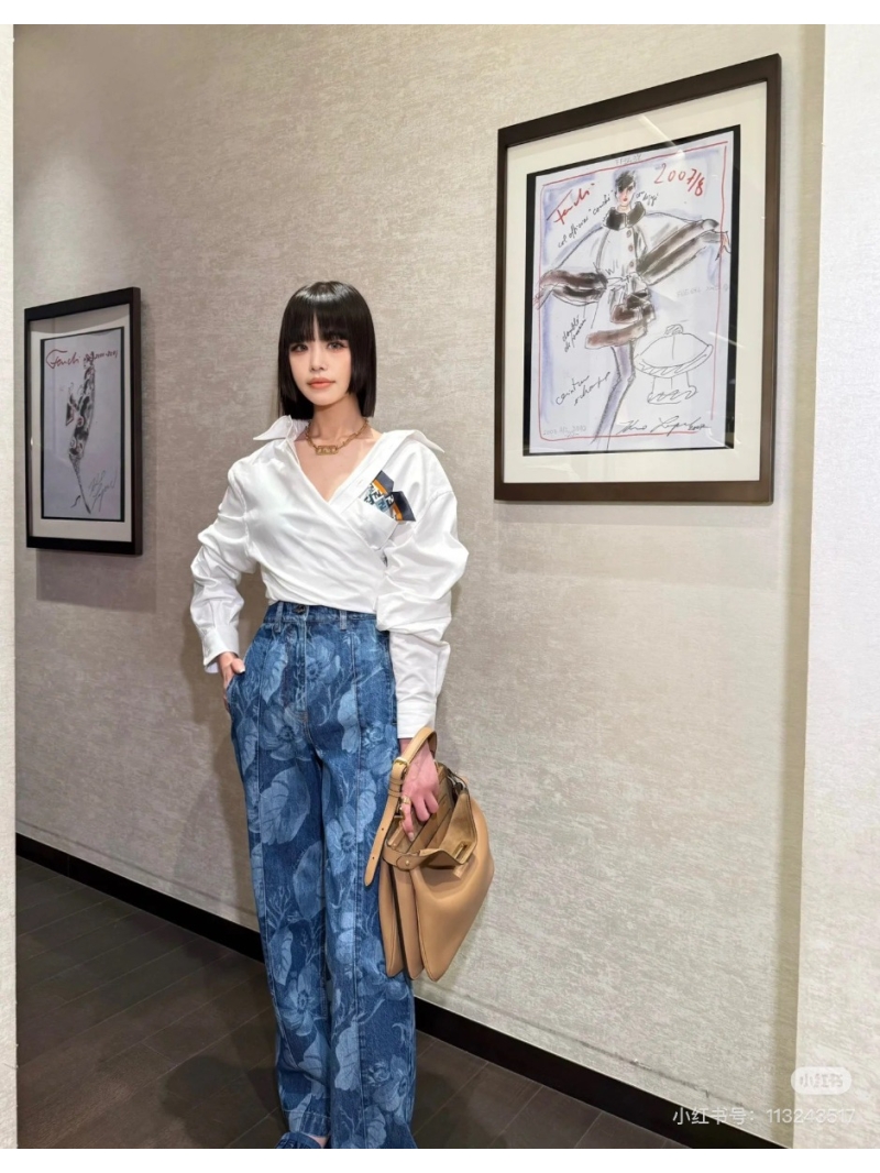 Fendi FF Floral Vine Retro Washed Denim Pants Blue