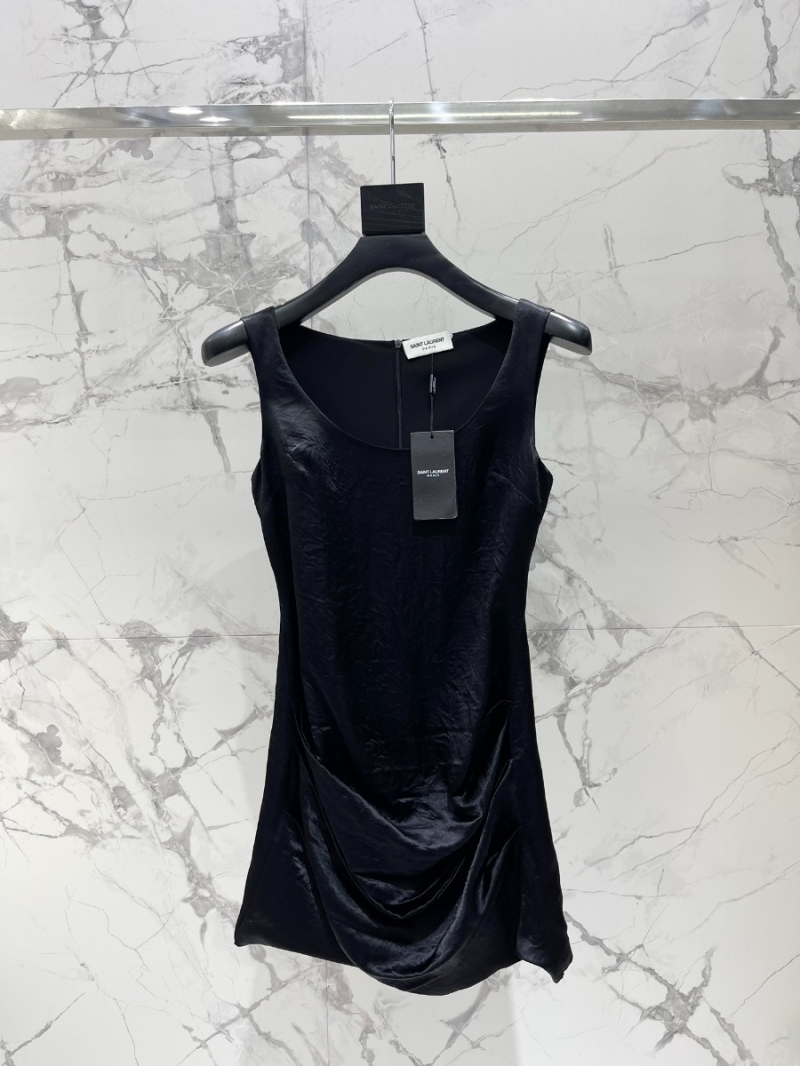 YSL Saint Laurent Irregular U-Neck Sleeveless Draped Dress Black