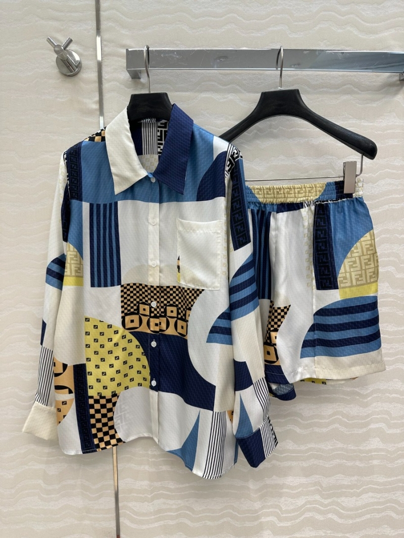 Fendi Holiday Collection Silk Geometric Print Long Sleeve Shirt