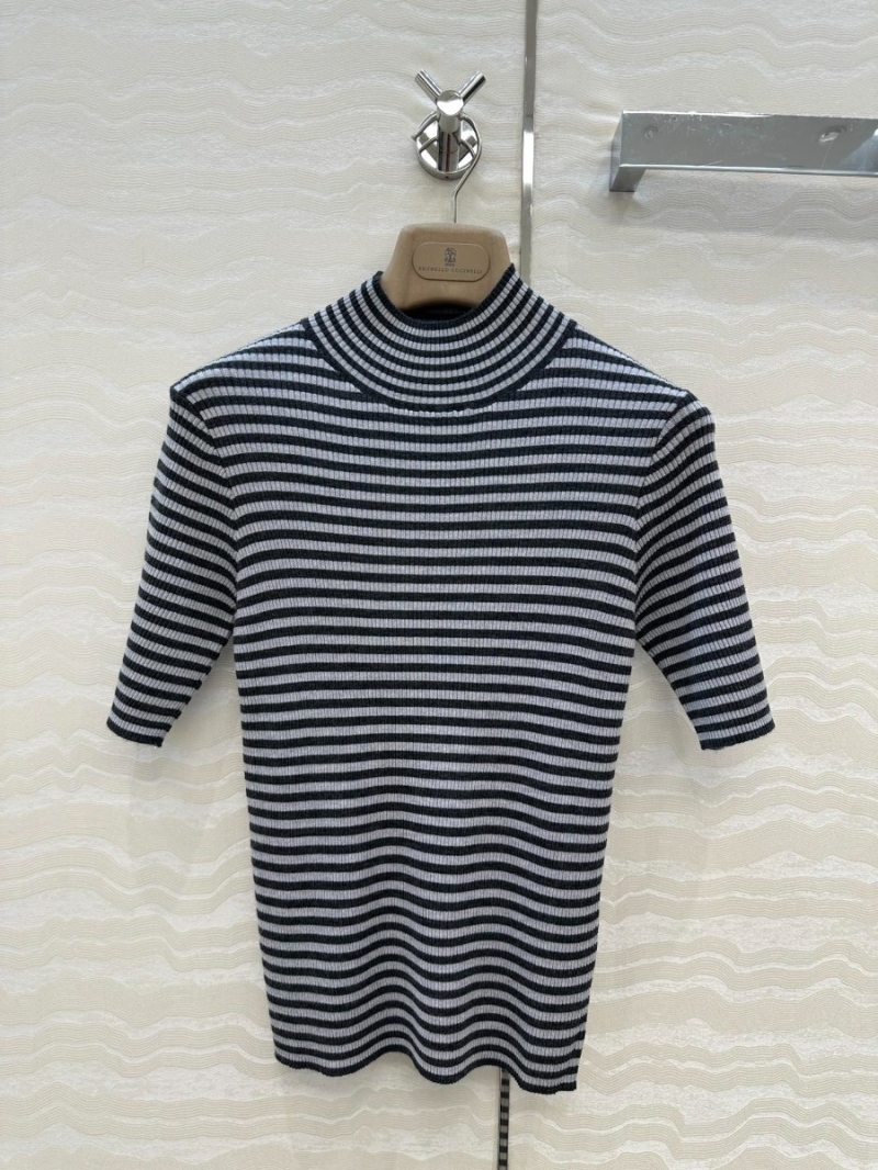 Brunello Cucinelli Elegant Striped Short Sleeve Top - Luxe Grey Black