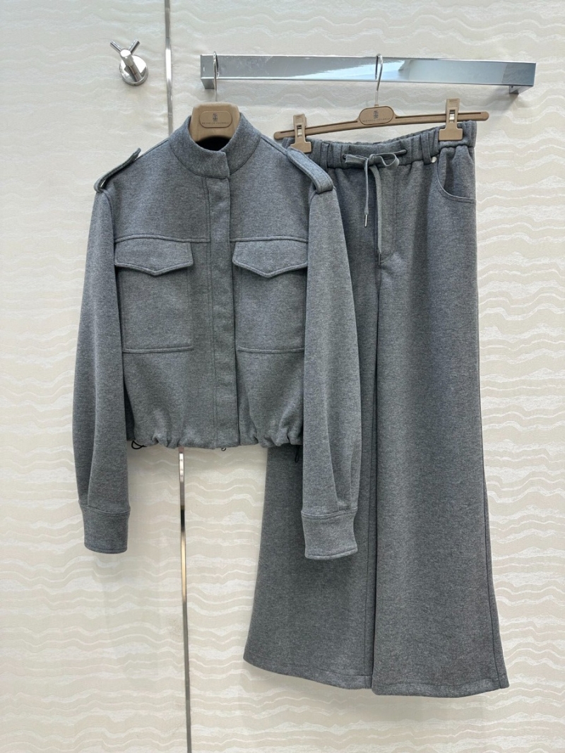 Brunello Cucinelli Cropped Military-Style Jacket in Heathered Gray - Epaulets, Flap Pockets, Cinched Hem