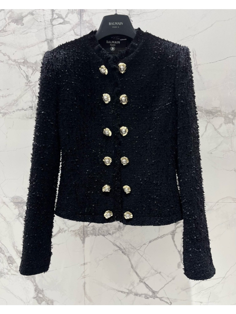 BALMAIN Black Double-Breasted Frayed Tweed Jacket