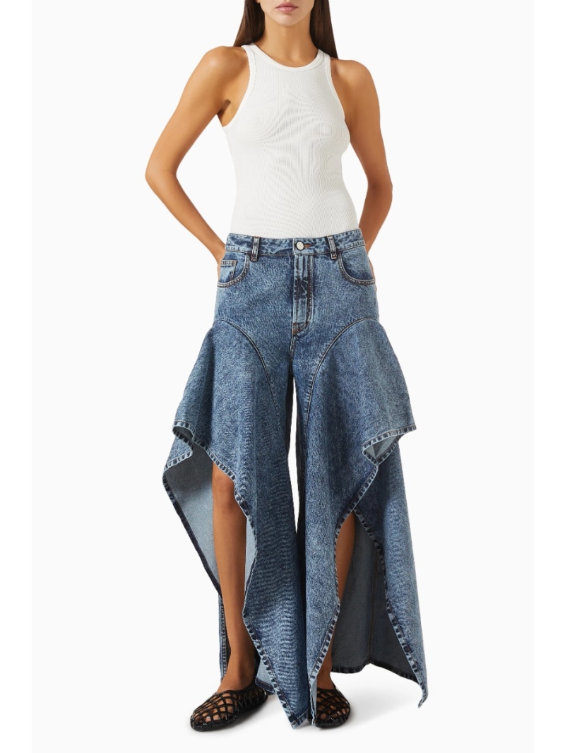 Alaia Women's Ruffled Hem Denim Trousers - Snowflake White Wash, Exquisite Artisan Cut, Luxe Imported Fabric, Signature Flowing Silhouette