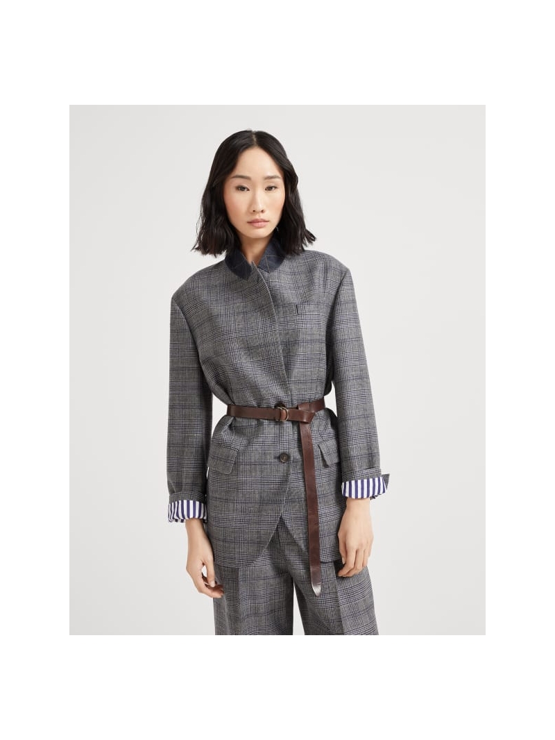 Brunello Cucinelli Luxe Grey-Blue Checkered Blazer with Custom Denim Stitching and Copper Chain Detail