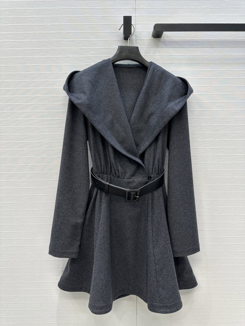 ALAIA Grey Wool Hooded Belted Dress with Flared Silhouette