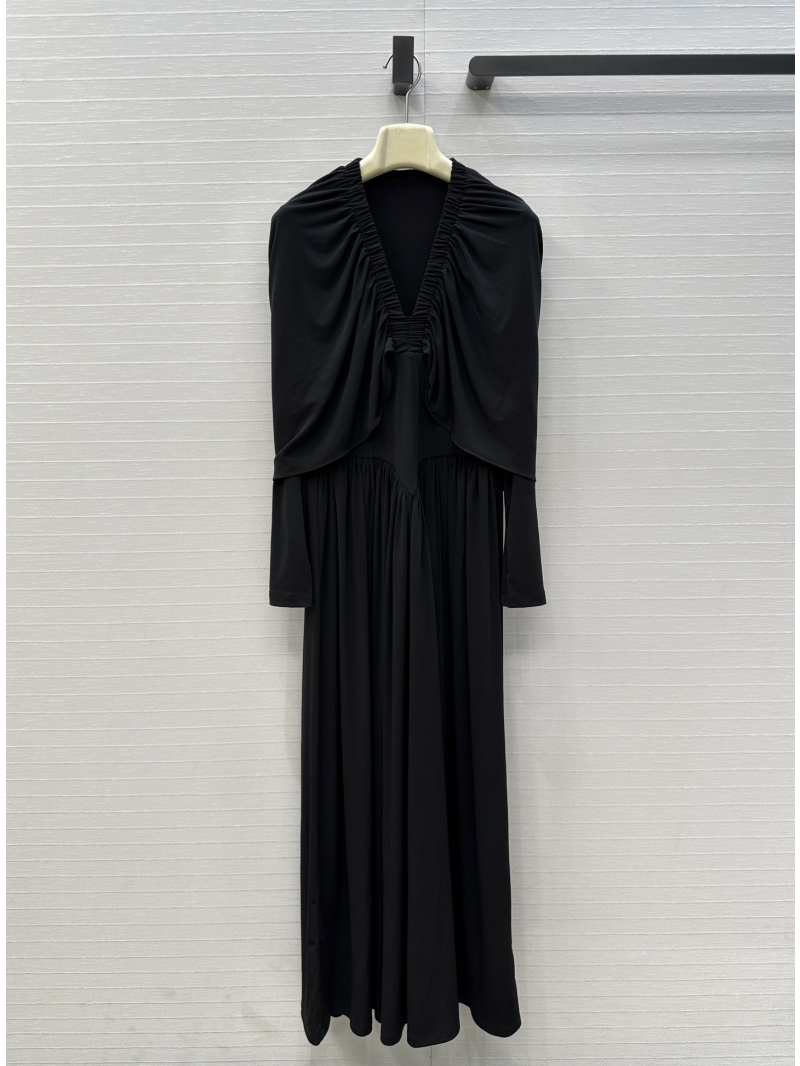 Alaia Exclusive Black Draped V-Neck Long Dress with Shawl Collar