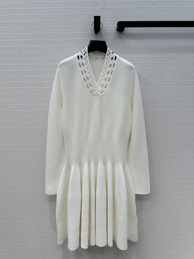 Alaia White V-Neck Lace Cutout Knit Dress with Flared Skirt